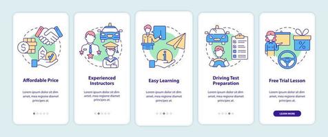 A escola de condução beneficia a tela da página do aplicativo móvel de integração. vantagens passo a passo 5 etapas instruções gráficas com conceitos. modelo de vetor ui, ux, gui com ilustrações coloridas lineares