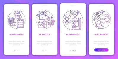 traços para a tela roxa da página do aplicativo móvel de integração de progressão na carreira. sucesso passo a passo 4 etapas instruções gráficas com conceitos. modelo de vetor ui, ux, gui com ilustrações coloridas lineares