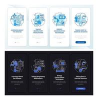 tela da página do aplicativo móvel de integração diurna e noturna do programa de reabilitação pulmonar. passo a passo 4 etapas de instruções gráficas com conceitos. modelo de vetor ui, ux, gui com ilustrações lineares de modo noturno e diurno