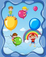 Muitas crianças e balões coloridos no céu vetor