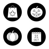 conjunto de ícones de glifo de halloween. abóboras, data de 31 de outubro, sacola de compras com folha de plátano. Ilustrações vetoriais de silhuetas brancas em círculos pretos vetor