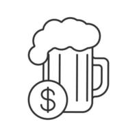 comprar o ícone linear de cerveja. ilustração de linha fina. copo de cerveja com cifrão. símbolo de contorno. desenho de contorno isolado de vetor