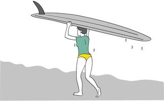 garota andando com uma prancha de surf. ilustração de estilo simples vetor