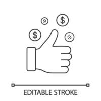 ícone linear de sucesso financeiro. polegares para cima com dólares. ilustração de linha fina. boa sorte. negócio. símbolo de contorno. desenho de contorno isolado do vetor. curso editável vetor