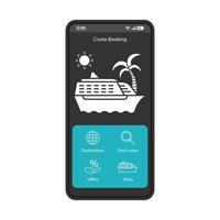 modelo de vetor de interface de smartphone de aplicativo de reserva de cruzeiro. layout de design preto móvel. viagem de vela, tela de reserva de bilhetes de férias. aplicação de cruzeiro interface do usuário plana. tela do telefone da página de pesquisa de viagens