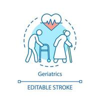 ícone do conceito de geriatria. vida assistida, ilustração de linha fina de ideia de lar de idosos. desenho de contorno isolado de vetor de medicina geriátrica. atenção à saúde do idoso. deficiência, terapia de doenças. curso editável