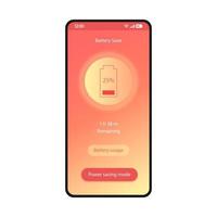 economizador de bateria, modelo de vetor de interface de smartphone de aplicativo otimizador de telefone. layout de design de coral de página de aplicativo de utilitário móvel. modo de economia de energia ui gradiente plano. carga, tela de otimização de energia