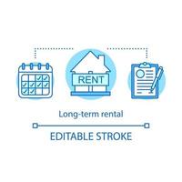 ícone do conceito de aluguel de longo prazo. período de locação. acordo de propriedade. calendário, casa, contrato. ilustração de linha fina de idéia de negócio de arrendamento imobiliário. desenho de contorno isolado do vetor. curso editável vetor