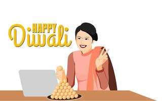 mulheres indianas celebrando diwali em chamada de vídeo, celebração de diwali de longa distância, diwali em pandemia covid, banner de celebração de diwali ou papel de parede para promoção de mídia social e outros anúncios. vetor