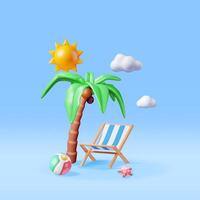 3d área coberta cadeira, nadar bola, estrelas do mar e tropical Palma árvore. render conceito do verão período de férias. verão feriado, Tempo para viagem. de praia relaxamento. realista vetor ilustração