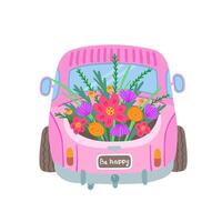 Rosa pegar caminhão com flores, vintage carro. ilustração para impressão, fundos e embalagem. imagem pode estar usava para cartões, cartazes, adesivos e têxtil. isolado em branco fundo. vetor