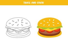 vestígio e cor fofa desenho animado hambúrguer. imprimível planilha para crianças. vetor