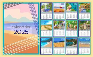 francês calendário 2025. colorida por mês calendário com vários sulista paisagens. semana começa em Segunda-feira vetor