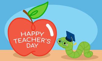 a maçã com a texto feliz professores dia e uma lagarta com graduação boné. vetor