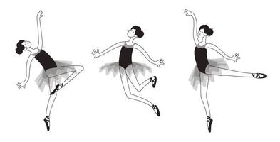 seth dançando bailarina em um tutu de balé em diferentes poses. ilustração em vetor contorno preto e branco em estilo de desenho animado