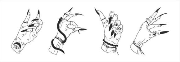 as mãos da bruxa em diferentes posições. ilustração vetorial de contorno gráfico místico vetor