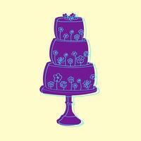 uma desenhado à mão ilustração do uma de três camadas bolo adornado com delicado flores a bolo é detalhado com intrincado decorações e tubulação, exibindo uma tradicional ainda elegante Projeto vetor