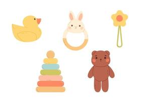 bebê brinquedos. Urso de pelúcia urso, borracha pato, chocalho e pirâmide brinquedo. plano vetor isolado ilustração