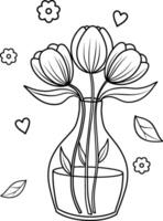 tulipas dentro uma vaso. a antiestresse coloração livro para crianças e adultos. vetor ilustração em destaque em uma branco fundo. Preto e branco desenhando