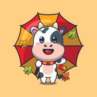 fofa vaca com guarda-chuva às outono temporada. vetor