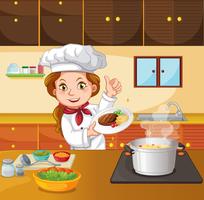 Chef feminino cozinhando na cozinha vetor