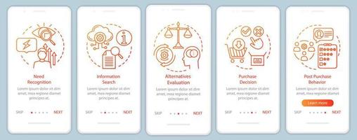 modelo de vetor de tela de página de aplicativo móvel de integração de gradiente laranja processo de decisão de compra. passo a passo do site com ilustrações lineares. conceito de interface de smartphone ux, ui, gui