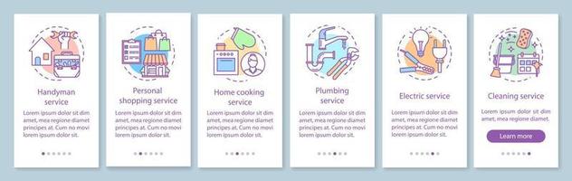 tela da página do aplicativo móvel de integração de serviços domésticos com conceitos lineares. faz-tudo, serviços de limpeza. seis etapas passo a passo de instruções gráficas. modelo de vetor ux, ui, gui com ilustrações