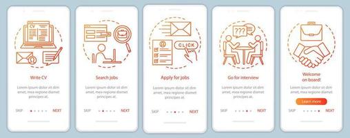 tela de página de aplicativo móvel de pesquisa de emprego onboarding com conceitos lineares. escrever cv, candidatar-se a emprego, entrevistar, obter instruções gráficas de trabalho. etapas instruções gráficas. modelo de vetor ux, ui, gui