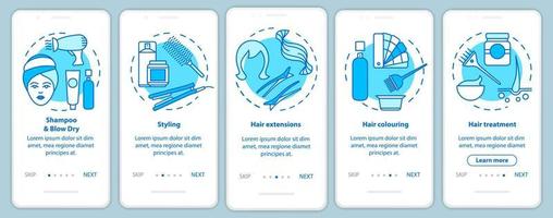 tela de página de aplicativo móvel de integração de serviços de salão de cabeleireiro azul com conceitos lineares. instruções gráficas de passo a passo do salão de cabeleireiro. modelo de vetor ux, ui, gui com ilustrações