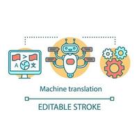 ícone do conceito de serviços de tradução. ilustração de linha fina de ideia de interpretação de máquina automatizada. chatbot online automático multilíngue, bot. desenho de contorno isolado do vetor. curso editável vetor