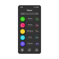 aprendizagem física modelo de vetor de interface de smartphone. layout de design em preto da página do aplicativo móvel. tela de disciplinas escolares. interface do usuário plana para aplicação. auto-estudo materiais educacionais display do telefone