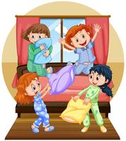Quatro meninas, jogando travesseiro, em, quarto vetor