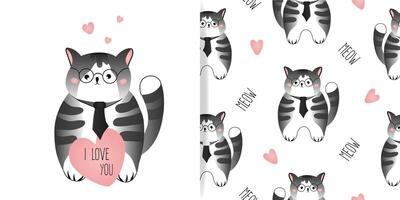 conjunto do cartão e desatado padronizar com cinzento listrado gato em branco fundo. vetor ilustração para crianças, tecido.