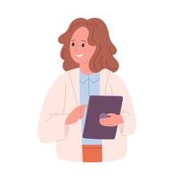 fêmea cientista, médico ou biólogo dentro branco casaco segurando digital tábua. médico olhando dentro a médico cartão vetor