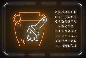 ícone de luz de néon de restauração. ânfora grega danificada. vaso, escova. renovando artefato antigo. reconstrução de itens antigos. sinal brilhante com alfabeto, números e símbolos. ilustração isolada do vetor
