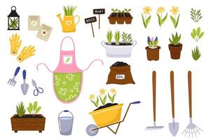 Primavera jardinagem. grande conjunto do elementos - jardinagem ferramentas, plantio, flores, acessórios. vetor
