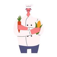 profissional chefe de cozinha dentro uniforme segurando vegetais, desenho animado plano vetor ilustração isolado em branco fundo. personagem cozinhando vegetariano Comida. conceitos do carreira, restaurante e cozinhando escola.