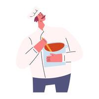 chefe de cozinha com bigodes dentro uniforme mexendo Comida dentro frigideira, plano vetor ilustração isolado em branco fundo. desenho animado personagem do profissional chefe de cozinha cozinhando sopa. conceitos do carreira e restaurantes.