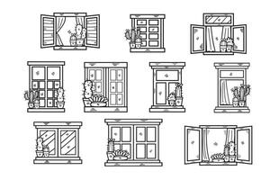 mão desenhado janela e cacto dentro plano estilo vetor