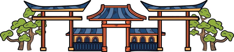 mão desenhado japonês e chinês estilo pavilhões ou pagodes dentro plano estilo vetor