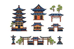 mão desenhado japonês e chinês estilo pavilhões ou pagodes dentro plano estilo vetor