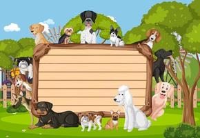 placa de madeira vazia com várias raças de cães no parque vetor
