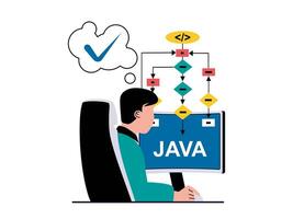 programação Programas conceito com personagem situação. homem trabalhando com algoritmo e codificação, fixação insetos e teste processo dentro escritório. vetor ilustração com pessoas cena dentro plano Projeto para rede