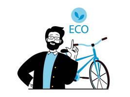 zero desperdício conceito com personagem situação. homem cuidados sobre meio Ambiente e ecologia do planeta, passeios bicicleta e conduz saudável estilo de vida. vetor ilustração com pessoas cena dentro plano Projeto para rede