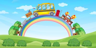 Escola e ônibus escolar no arco-íris vetor