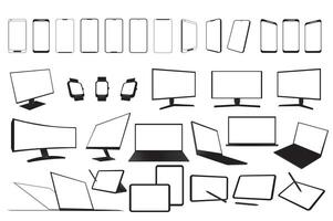 eletrônico dispositivos conjunto gráfico elementos dentro plano Projeto. agrupar do minimalista simples silhueta do telas Móvel telefone, computadores, pulso assistir, laptops e outro. vetor ilustração isolado objetos