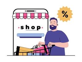 compras conceito com personagem situação. homem empurrando supermercado carrinho com bolsas e comprando conectados às desconto preços durante vendas temporada. vetor ilustração com pessoas cena dentro plano Projeto para rede