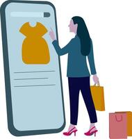 feliz jovem elegante mulher carregando compras bolsas e encomenda dentro Móvel inteligente telefone conceito ilustração, e comércio, comprar, compras, conectados loja, desconto, produtos análise. vetor