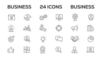 o negócio e gestão linha ícones definir. gerenciamento, dinheiro, banco, contato, infográfico ícone coleção vetor
