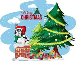 logotipo de texto de feliz natal com árvore de natal e cachorros fofos vetor